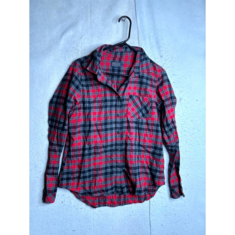 Pendleton Flannel Shirt Women's Large Red Gray Plaid Wool Long Sleeve Button Up
